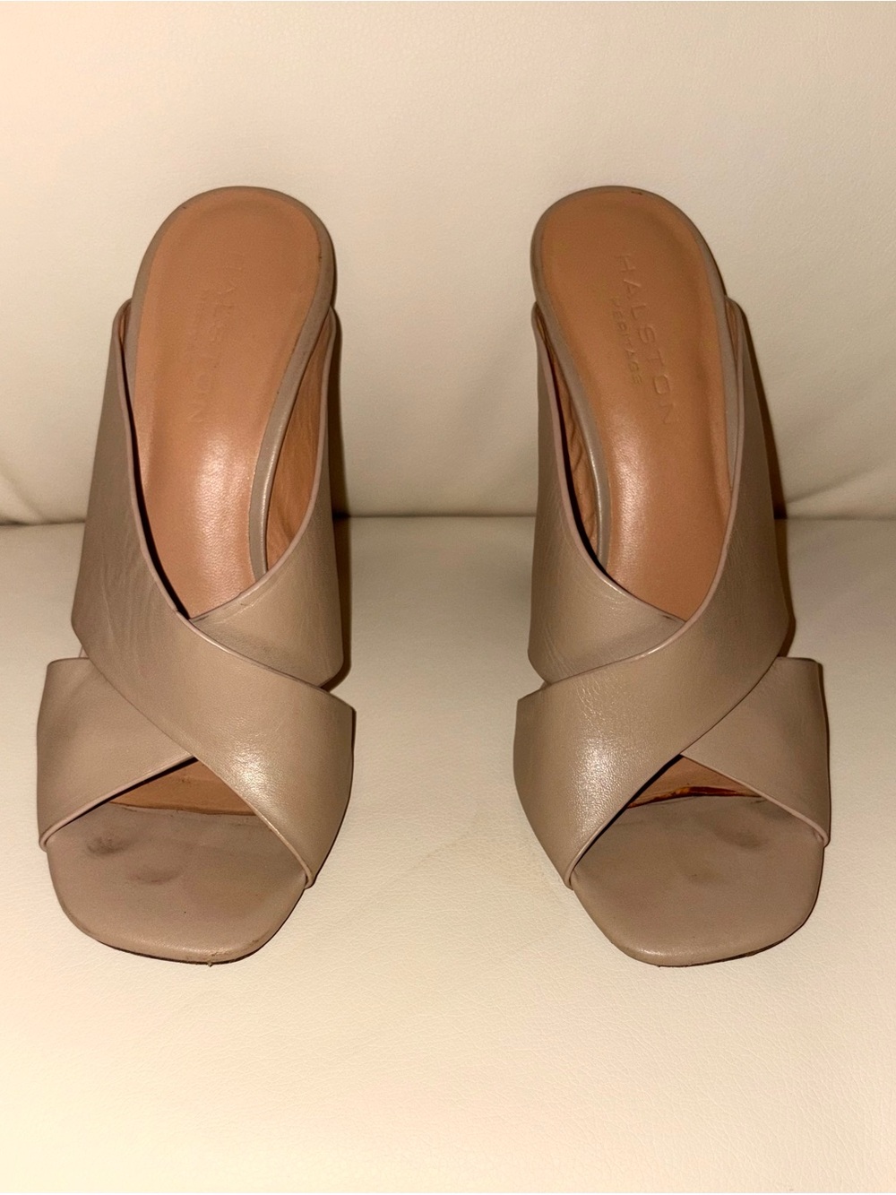 Halston Heritage taupe Crossband Leather Mule